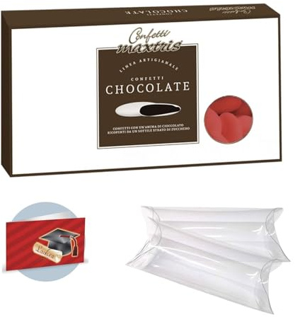 Doni Bomboniere Kit Confezione 1Kg Confetti Gusto Cioccolato Ricoperti colore Rosso + 50 pz Tubo PVC Portaconfetti Trasparenti + 50 pz Bigliettini Laurea Triennale Confettata Fai da Te Made in Italy