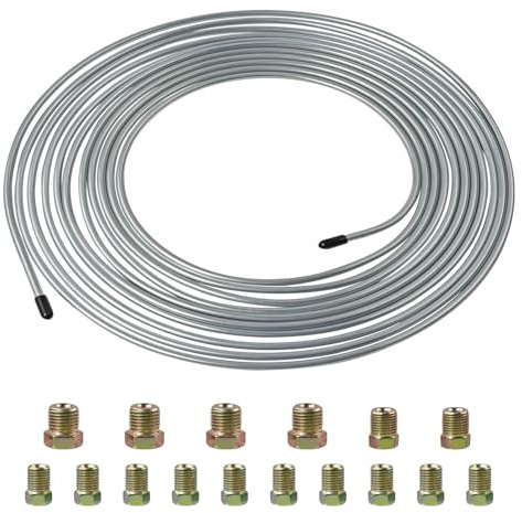 Crozgan Brake Pipe Copper Coated Steel Tubing with 16 Nuts 3/16 x 25ft/7.62m Copper Plated Brake Pipe for Connecting Brake Lines（Silver）