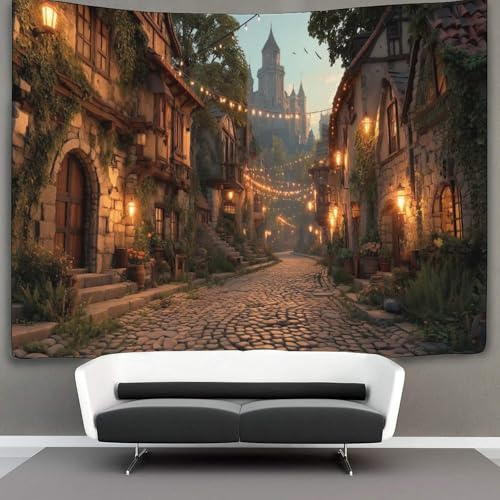 kaiyun Cobblestone SBaumt Tapisserie Wandbehang Mittelalter Cottages Wandteppiche Für Schlafzimmer Wohnzimmer Wohnheim Dekor 130cmx150cm