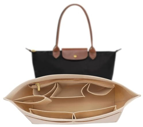 Handtaschen Organizer, Organizer für Longchamp, Taschen Organizer, Filz Beutel Aufbewahrungsbeutel Liner, 30 X 14.5 X 17cm Innentasche für Handtaschen, Beige Taschenorganizer für Longchamp Tasche (L)