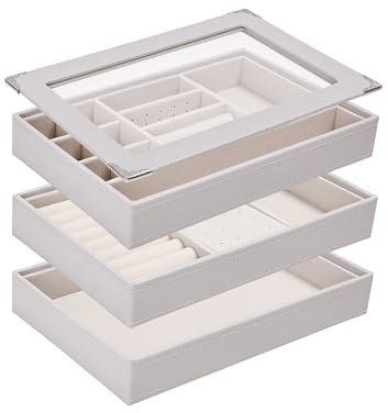 Boxudeli 3 Ebenen Schmucktablett Stapelbar, Schmuckkästchen groß Schmuckschalen Schubladedisplay mit transparentem Deckel, Schmuckaufbewahrung Organiser (Hellgrau, 3 Lagen Deckel zum Abnehmen)