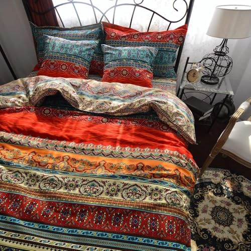 Qucover Parure de lit 4 pièces 100% coton 135 x 200 cm, Parure de lit esthétique vintage colorée, Ensemble de literie bohémien avec fermeture éclair 2 taies d'oreiller 80 x 80 cm Doux et chaud