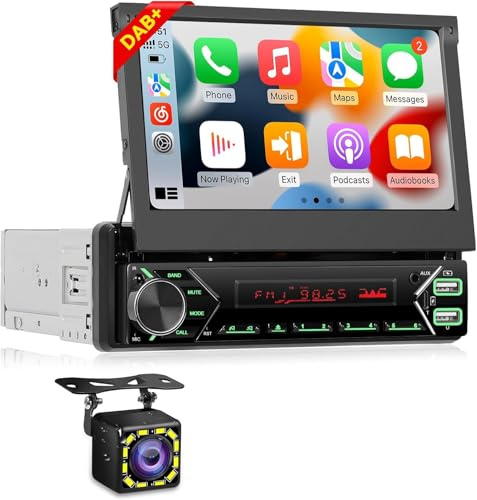 NHOPEEW Autoradio 1 Din DAB/DAB+ con touchscreen retrattile da 7 pollici - Supporto autoradio 1 Din Senza fili Carplay/Android Auto/Mirror Link/FM/EQ + telecamera di backup