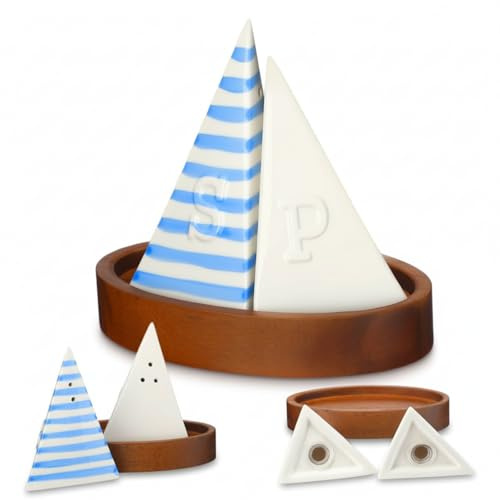 Qinyoung Sailboat Salt and Pepper Shaker Set Blue White with Wooden Tray 5 Inch Kitchen Table Home Furnishings for Nautical Theme Party Summer Event