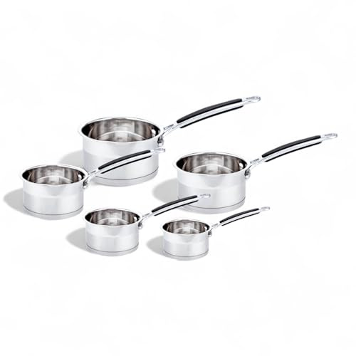 Cflagrant® Set de 5 Casseroles INOX Pro : 12/14/16/18/20 cm - Acier Inoxydable Massif Haute Qualité - Poignées Rivetées Anti Chaleur Revêtement Silicone Noir - Tous Feux Dont Induction (Inox 18/10)