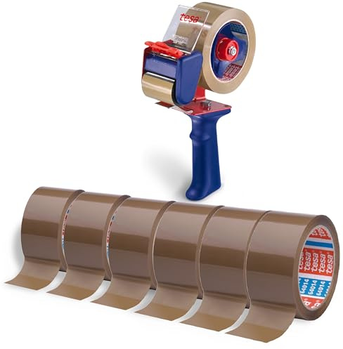 tesa tesapack Strong und Handabroller im Set mit 1 Rolle geräuscharmem Paketklebeband - Braun - 66 m x 50 mm (Handabroller + 6 Ersatzrollen, 66m:50mm)