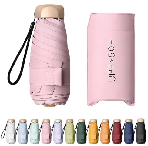 Enreluya Paraguas Plegable de Bolsillo, Sombrilla de Mano 6 Varillas, Protección UV 99% Impermeable, Mini Paraguas Protección Solar UV con Funda, Ideal Viajar y Bolsos Pequeños, Rosa