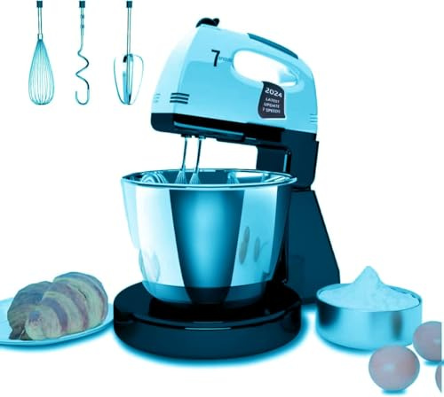 Stand Mixers, 7 Speeds With 3QT Stainless Steel Bowl, Stand and Hand Mixer with Dough Hook, Whisk, Mixing Beater for Baking, Cake, Cookie (SR2)