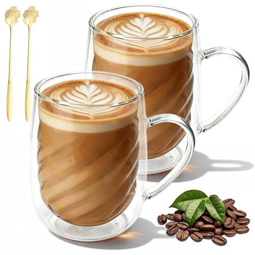 CEWROM Vasos de café de doble pared, 350 ml, de doble pared, con asa y cuchara, cristal de borosilicato, vasos térmicos, doble pared, para capuchino, té, espresso, leche, cerveza (2 unidades)