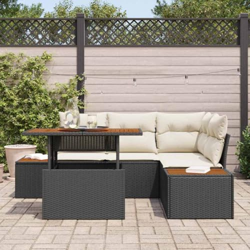 QUAHEAS Garten Essgruppe mit Kissen, 5-teiliges Poly-Rattan Set Schwarz und Beige, modulares Outdoor Loungesofa mit Stauraum für Terrasse und Balkon