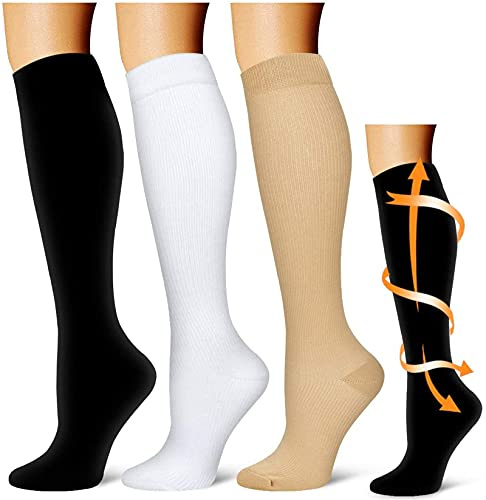 3 Paar Stützstrümpfe Reisestrümpfe Kompressionsstrümpfe Damen Herren Stützkniestrümpfe Kompressionssocken Laufen Sport Flug Reise Unisex Weiß Schwarz Beige