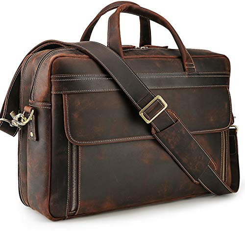 TIDING Laptoptasche 17 Zoll Leder Aktentasche Herren Business Tasche Schultertasche Große Ledertasche zum Umhängen Trolley Aufsteckbar Tote Arbeitstasche Jahrgang, Braun
