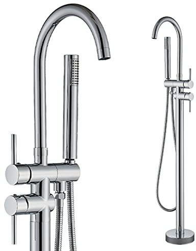 Rozin Freistehende Badewannenarmatur Chrom Bodenmontage Badewanne Armatur 360° Schwenkbar Wannenarmatur mit Handbrause Armatur Badewanne für Wanne
