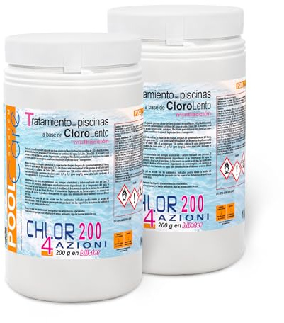 POOL CARE CHLOR 200 4 Actions- in tablets of 200gr. Active at 90%. Multi-action chlorine with slow dissolution for swimming pool - Immediate dispatch 2 KG (1+1)