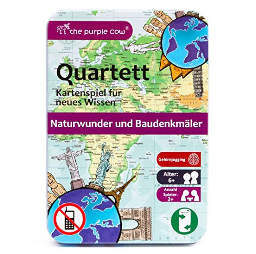 The Purple Cow - 504346 Quartett - Naturwunder und Baudenkmäler, Kartenspiel für neues Wissen, für zu Hause oder unterwegs, Reisespiel in Metallbox, ab 6 Jahre
