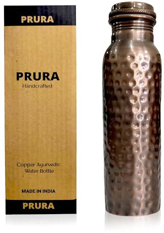 PRURA Bottiglia d'acqua stampata a mano in rame puro con foglie uniche per yoga Ayurveda Vantaggi Bottiglia di rame a prova di perdite Joint Free Copper Water Bottle