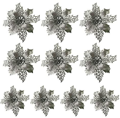 LEMCC 10PCS Artificial Poinsettia Christmas Flowers Decorations with Clips Silver Poinsettia Flowers Glitter Christmas Tree Ornaments for Xmas Wedding Party Wreath DIY