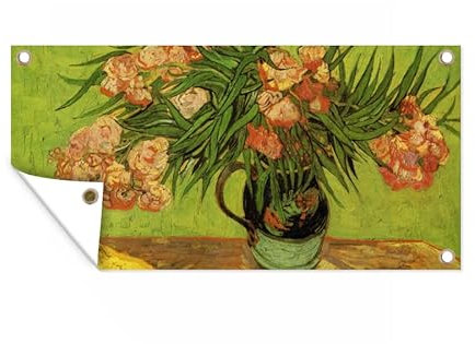 MuchoWow Poster exterieur Nature morte vase avec lauriers roses et livres - Vincent van Gogh Decoration murale 60x30 cm Résistant aux intempéries/soleil