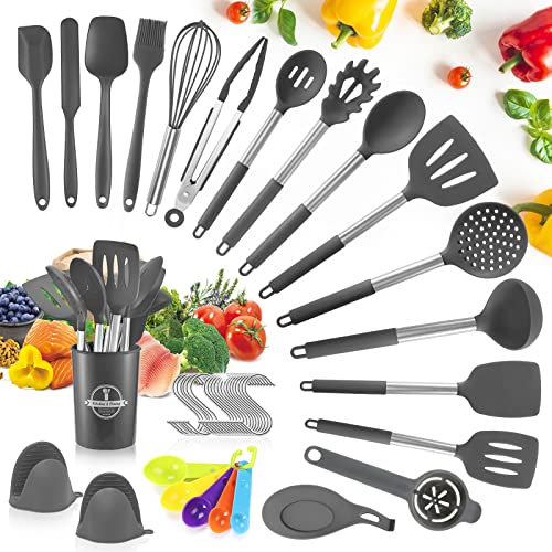 TWBEST Set di Utensili da Cucina in Silicone, 44pcs Con 20 Ami, 5 Cucchiai Dosatori Piccoli, Resistente al Calore Antiaderenti Con Ganci - Grigio Scuro