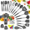 TWBEST Ustensiles de Cuisine Silicone,44pcs Ensemble d'ustensiles de Cuisine en Silicone avec 20 Hameçons,5 Petites Cuillères de Mesure,Accessoire Cuisine Set Antiadhésif-Gris Foncé