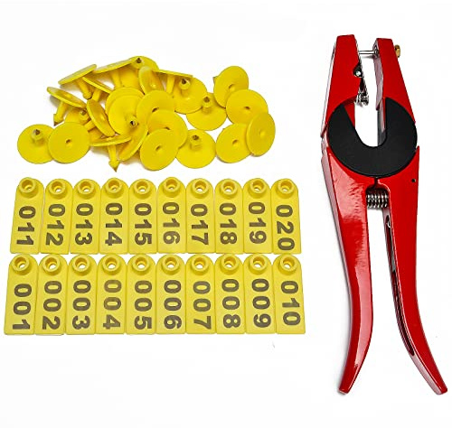 WUBAO - Etiquetas de oreja de oveja para identificación de mascotas, tipo láser, aretes de cabeza de cobre, 1 aplicador de etiquetas de oreja para cabra/oveja/cordero (50 unidades)