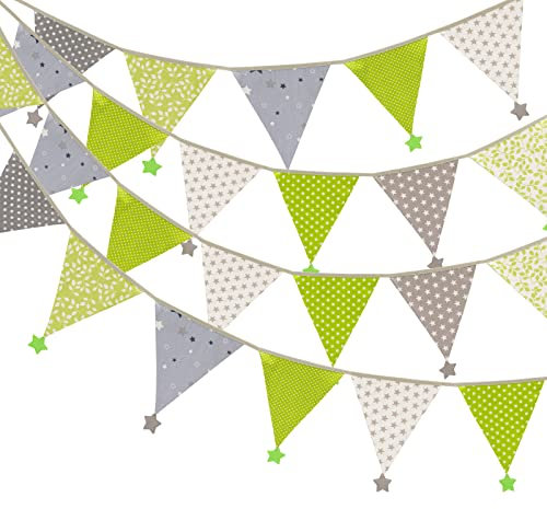 G2PLUS Guirlande de Fanions,4M Fanions en Coton avec des Etoiles,12 Côtés Vert Fanion Bannière Tissu pour pour Le Baptême de bébé, Décoration de Chambre d'enfant