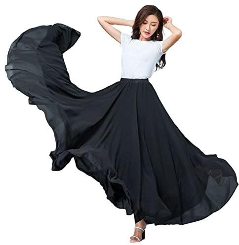 COTCLO Jupe longue plissée pour femme - Jupe longue d'été en mousseline de soie - Couleur unie - Taille haute - Jupe longue évasée