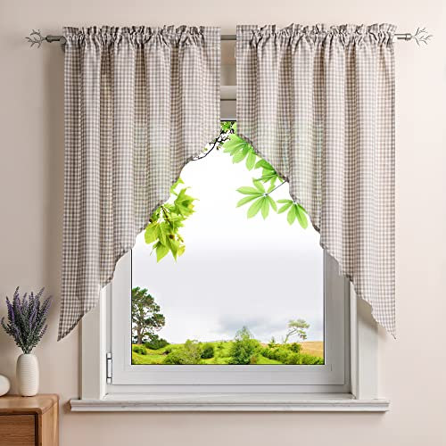 HeichkelL Scheibengardinen Bogen Set 2-Teilige Kleinfenster Raffrollo mit Kräuselband Kurzstores Dreiecke für Küche Braune Karo- Muster HxB 80x80 cm (Jedes Stück)