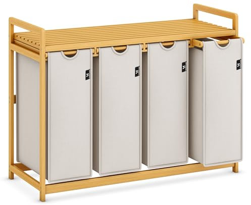 AdelDream Premium Wäschekorb 200L – 4 Fächer, ausziehbarer & abnehmbarer Wäschesack mit Bambusrahmen, Hellgrau – Wäschesammler & Wäschebox für Badezimmer & Schlafzimmer