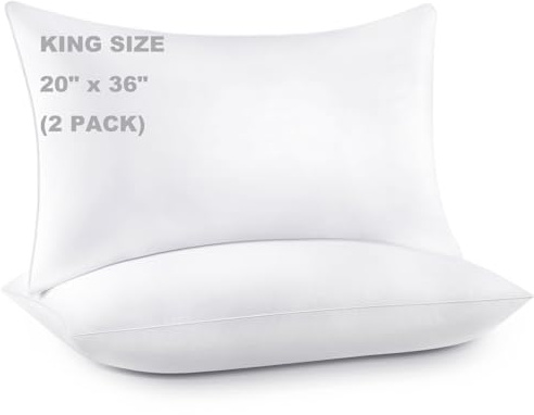 WINGLAM,Bed Pillows for Sleeping, Down Alternative Pillows,White,Microfiber Filled, King Pillow Set of 2,20 x 36 Inches,Super Soft,Hotel Collection,King Size Pillows for Back,Stomach or Side Sleepers
