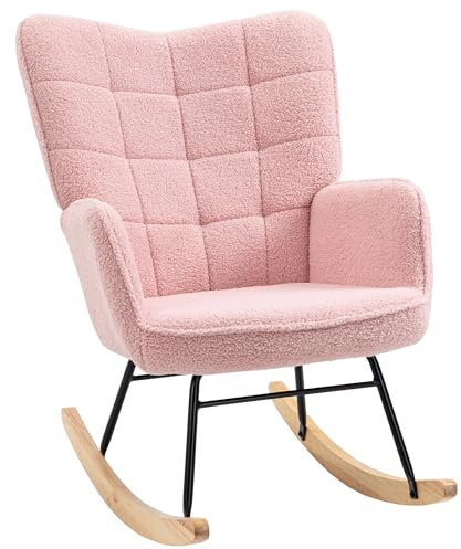 HOMCOM Schaukelstuhl, Schaukelsessel mit Berbervliesoptik, Armlehne, Gepolsterter Sessel mit Holzkufen, Relaxsessel für Wohnzimmer, Schlafzimmer, bis 120kg belastbar, Rosa