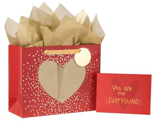 Loveinside Valentinstags-Geschenktüte – transparentes Herz-Design mit Grußkarte und Seidenpapier für Valentinstag, Hochzeit und Jahrestag – 33 x 12,7 x 25,4 cm, 1 Stück