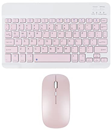Wireless Keyboard and Mouse, Rechargeable Mini Bluetooth Keyboard and Mouse Set, 10-inch Compact Portable Silent 78-key Tablet Keyboard, for iPad/PC/Laptop/Mac/Android(Pink)