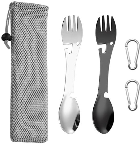 Lot de 2 fourchettes et cuillères multifonctions en acier inoxydable avec 2 mousquetons, 1 sac de rangement, couverts intégrés, convient pour l'extérieur, la randonnée (argent, noir)