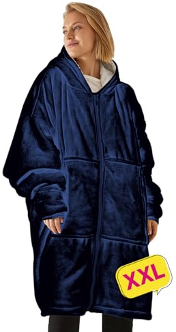 Coperta con cappuccio XXL - Plaid con maniche, Coperta indossabile in pile, Felpa oversize donna, Blanket hoodie - Confortevole e morbido - Perfetto per le notti invernali sul divano (Blu zipper XXL)