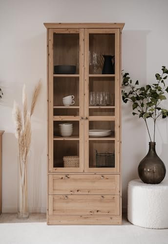 möbelando Vitrine >Timber< Landhaus, 2 Türen, 2 Schubladen, 3 Böden, in Artisan Eiche Dekor/Glas - 80x200x45cm (BxHxT)