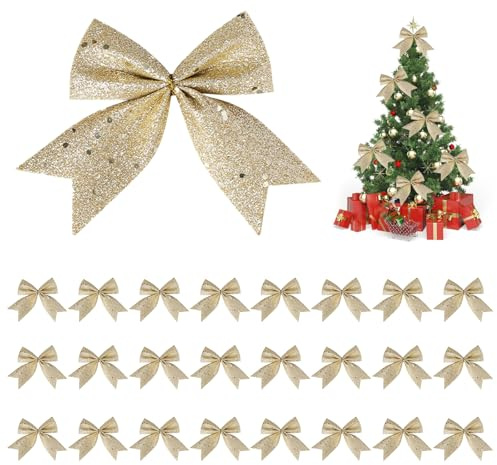 Lot de 25 Noeuds de Noël - Décoration de Noël - Paillettes dorées - Décoration de sapin de Noël pour Noël, vacances, mariage