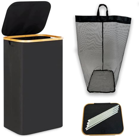 Wäschekorb mit Deckel, 92 Liter, hohe Wäschebox mit Henkel und Innentasche, herausnehmbarer Wäschesack, faltbarer, groß XXL Waschekorbsammler, Laundry Basket, schwarz, bambus, wasserabweisend