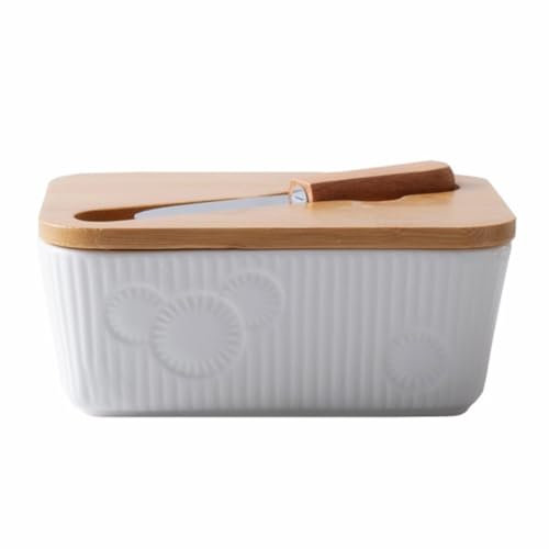 MAGICLULU Caja De Mantequilla Con Tapa Plana Mantequillera De Cerámica Diseño Creativo Tapa De Bambú