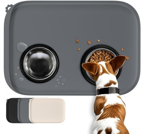 Conlun Tappetino per Cibo di Cane con Tascone Laterale & Foro per Gancetto, Bordi Morbidi Rialzati, Facile da Pulire Impermeabile Antiscivolo in Silicone per Ciotola d'Acqua (46x30cm,Grigio)