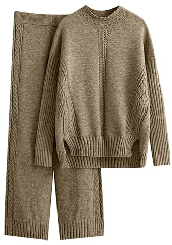 Damen Strickset Winter Strick - Hausanzug Mit Hose Und Oberteil Einfarbig Strickpullover Elastische Taille Palazzohose Gerippt Strickset Langärmelige Freizeitanzug Locker Jogginganzug