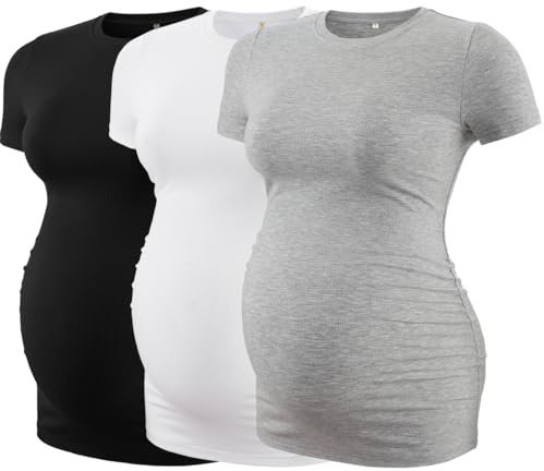 Love2Mi 3er Pack Umstandstop Tshirt Kurzarm Sommer Rundhals Umstands T-Shirt Umstandsmode