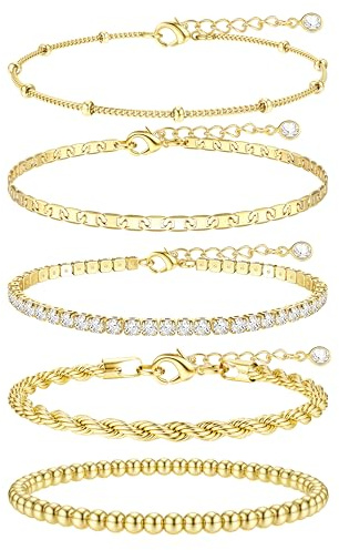 TEN MIRO 16k Chunky Gold Plated Bracelets for Women Non Tarnish,Womens Gold Plated Bracelet Stack Layered Chunky Chain Bracelets Waterproof Link Bracelets Rope Tennis Satellite Bead Ball Bracelet Jewelry Gifts for Womens