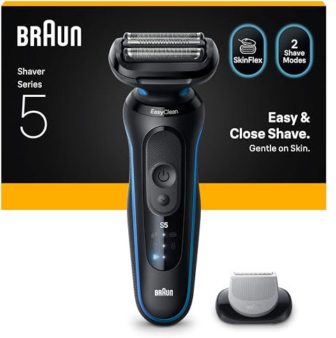 Braun Series 5 Elektrorasierer Herren, Rasierapparat mit 50 Min. Akkulaufzeit, mit Bodygrooming-Aufsatz, Kabelloser Nass- und Trockenrasierer für Männer, Wasserdicht, 52-B1600s, Blau