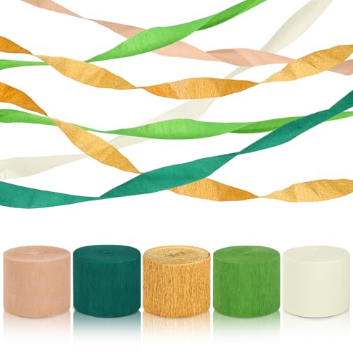 Cofvetia 5 Rollen Krepppapier, 4,5 cm x 25 m Krepppapier-Luftschlangen, Grün Gold Khaki Crepe Papier für Boho Hochzeitsdekorationen, Partydekorationen, Geburtstagsdeko