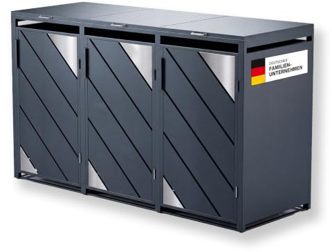 Metzler Mülltonnenbox 3er 240L Anthrazit mit Edelstahl Akzenten | Mülltonnenverkleidung für 3 Tonnen aus verzinktem Stahl | wetterfest mit Automatikdeckel und Soft Close