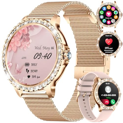 LIGE Montre connectée Femme Bluetooth Appels pour Android iOS 1,32 HD Full Touch Screen Smartwatch Diamant Maille Rose,Fréquence Cardiaque,Moniteur de Sommeil,Podomètre,Calories,100+ Mode Sport