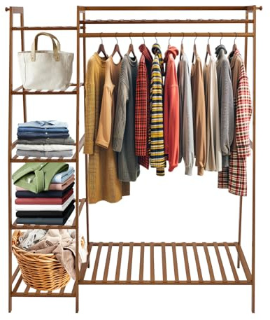 RUETERY Garderobenständer Bambus Kleiderständer Multifunktional Kleiderstange mit 1 Stange, 2 Haken und 7 Lageregeln für Flur, Schlafzimmer, Offener Kleiderschrank, 110 x 40 x 140 cm