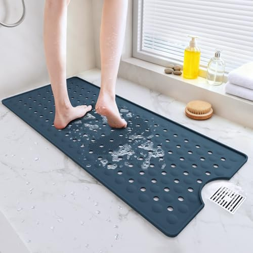 METEOROCK Tapis Baignoire Antidérapant, 90 x 40 cm Tapis Baignoire pour Sol de Cabine de Douche, Lavable en Machine, Trous de Drainage pour Gardez Vos Baignoires Propres, Bleu Profond
