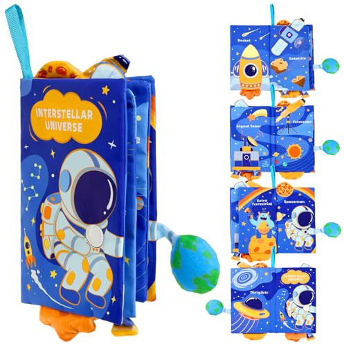 YOGINGO Baby Books - Montessori Toys Interstellar Universe Theme Baby Cloth Books 6 to 12 Months, Soft Stuffed High Contrast Crinkle Infant Sensory Toys, Boys&Girls Kids Early Learning Gifts